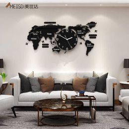 MEISD Punch-free Large World Map DIY Stickers Wall Clock Quartz Watch Mute Modern Self Adhesive Design Horloge Art 210724