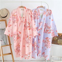 Women's Sleepwear 100%Cotton Cute Cherry Kimono Nightgown Pyjamas Home Service Bath Robe Women Nightdress Loose 2021