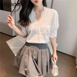 Ezgaga Lace Patchwork Chiffon Women Blouse Short Sleeve V-Neck Korean Fashion Loose Chic White Shirts Ladies Elegant Summer 210430