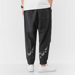 New Mens Cotton Linen Harem Pants Streetwear Embroidery Jogger Pants Male Trousers Harajuku Style Oversized Loose Man Sweatpants Y0927
