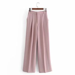Women Elegant Fashion Pink High Waist Straight Pants Vintage Zipper Fly Side Pockets Trousers Casual Pantalones 210520
