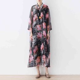 Johnature Women Print Floral Shirt Dresses Chiffon Vintage High Quality Spring Turn-down Collar Women Casual Dresses 210521