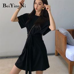 Summer Plus Size Mini Dress Women Black Short Sleeve T-shirt Dresses Korean Belted Casual A-line Vestidos M-4XL 210506