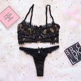 NXY sexy set Aduloty 2021 New Eyelash Bow Lace Flower Bra Set Women's Sexy Underwear Thong Suit Mesh Underwire Lingerie Set 1128