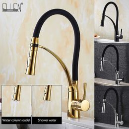 Pull Down Kitchen Faucet Gold and Cold Water Crane Mixer Deck Mounted Kitchen Sink Faucets with Rubber Design ELK909G 210724