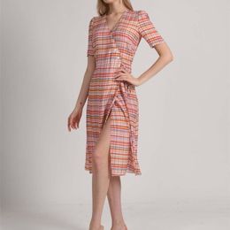 NEW arrived fashion women's Simple Plaid one piece silk wrapped tea break dress 210323