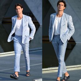 Summer Linen Mens Tuxedos Groom Wear Two Button Wedding Pants Suits Business Prom Party Blazer Jacket(Jacket+Pants)