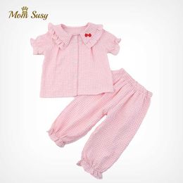 Baby Girl Pyjamas Sets Plaid Ruffle Cotton Summer Children Sleepwear Button Short Sleeve Baby lounge set Home Suit 2PCS Clothes 210908