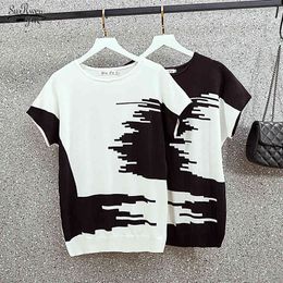 Slightly Big MM Ice Silk Knit Sweater Loose Fashion Age Reduction Bat Shirt Large Size Women's Summer Short Sleeve 14332 210521