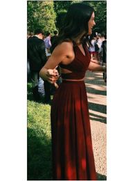 2021 Gorgeous dark Red 2 pieces Prom Dresses v neck ruched cut out waist floor length Long Sexy Evening Gowns Chiffon Two Piece Formal Dress For Teens