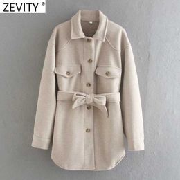 Zevity Women Vintage Breasted Bow Tied Sashes Solid Casual Woollen Shirt Coat Female Streetwear Chic Pocket Jacket Tops CT618 210603