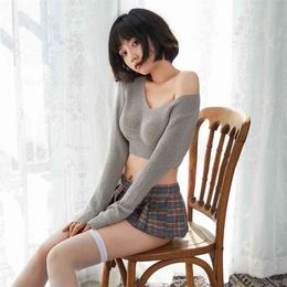 V-neck Korean Style Loose Knitted Sweaters Women Thin Pullover Porn Mini Skirt Sets Adult Sex Fantasy Schoolgirl Cosplay Costume 210730