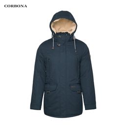 CORBONA High Quality Warm Cotton Clothing Men's Jacket Business Casual Mid-Length Fashion Thicken Coat Lamb Wool in Hat 211204