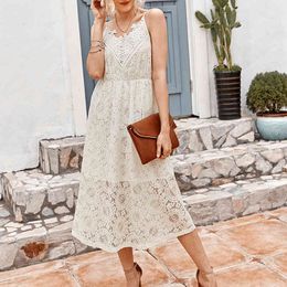 Summer Dress Hollow Out Sexy White Women Spaghetti Strap Lace V Neck Backless Up Black Long Clothes 210521