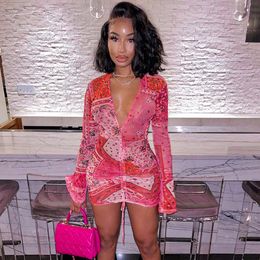 Casual Dresses Fashion Deep V Neck Paisley Print Party Drawstring Mesh Long Sleeve Transparent Club Outfit Women Bandana Mini Dress