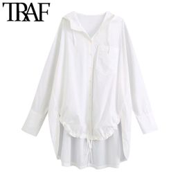 Women Fashion With Drawstring Hood Loose Asymmetric Blouses Vintage Long Sleeve Side Vents Female Shirts Chic Tops 210507