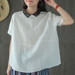 Johnature Solid Color Cotton Linen Turn-down Collar Short Sleeve All-amtch Shirt Summer Loose Comfortable Women Tops 210521