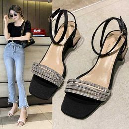 Ladies Sandals Woman Summer Shiny Fairy Style Black Fashion Crystal Shoes Open Toe High Heels Zapatos De Mujer Tacon Cuadrado Y0608