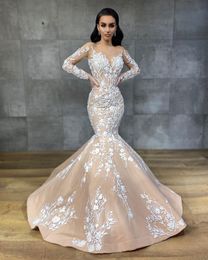 Vintage Champagne Long Sleeve Mermaid Wedding Dresses With Ivory Lace Appliques Beaded Aso Ebi Arabic 2022 Bridal Gowns Sheer Crew Neck Plus Size Bride Dress