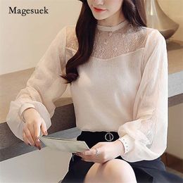 Autumn Fashion Lace Chiffon women's blouse Stand-up collar Long Sleeve Blouse Casual Loose Tops Apricot Blusas 10701 210518