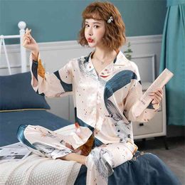 Silk Pyjamas Women's Summer Long-sleeved Trousers Suit Ladies Loose Casual Home Wear Fashion Printing Cute Women 210901