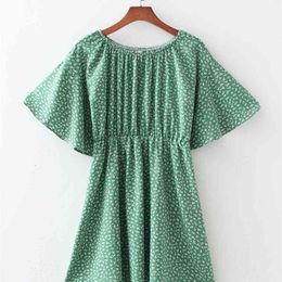Hsa Summer Dress Oneck High Waist Pleated Vestidos Batwing Sleeve Green Beach Style Floral Boho 210430