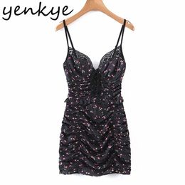 Fashion Women Floral Print Sling Dress Female Lace Trim Party Night Club Sexy Summer Bodycon Mini Draped Vestido 210430