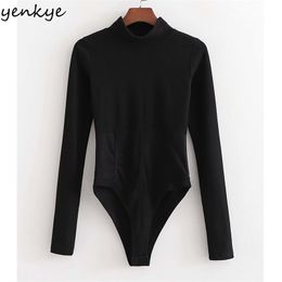 Vintage Patchwork Black Bodysuit Women Turtleneck Long Sleeve Sexy Tops Body Femme Playsuit 210514