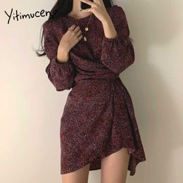 Yitimuceng Irregular Dresses for Women Polka Dot Korean Fashion Vintage Mini Dress Long Sleeve Black Wine Red Spring 210601