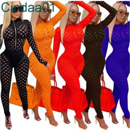 Damen Jumpsuits Designer Slim Sexy Onesies Herbst und Winter einfarbig Reißverschluss Damen aushöhlen Perspektive Fit Strampler 5 Farben