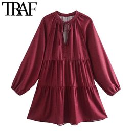 Women Fashion With Covered Buttons Dotted Print Mini Dress Vintage Tied O Neck Long Sleeve Female Dresses Mujer 210507