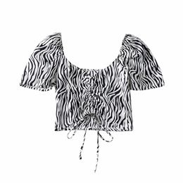 Women Sexy Fashion Chest Drawstring Zebra Pattern Shirts Street Clothes Girls Short Sleeve Chic Tops 210520