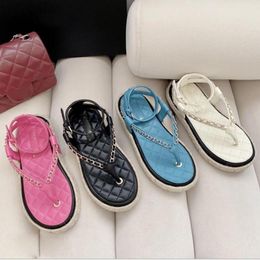 Summer Metal Chain Sandals Ladies Rhombus Flip Flops Ankle Buckle Straw Thick Soled Casual Women's Flat Shoes