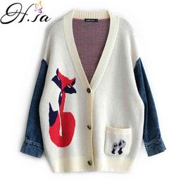 Women Knitted Sweater and Cardigans Beige Jumpers Cartoon Fox Jeans Button Up oversized sweater 210430