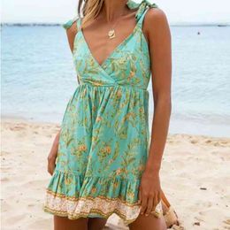 FABPOP Summer Arrivals Sleeveless Lace Up Strap V Neck High Waist Green Floral Print Short Mini Dress Backless GB627 210709