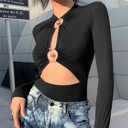 Stylish And Unique Design Hollow Out Skinny Bodysuit Spring Fall O-neck Solid Black Pullover Long Sleeve Women Sexy Rompers 210517