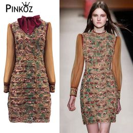 luxury slim straight long mesh sleeve bow lace up embroideried flower mini dress for women spring summer elegant 210421