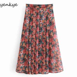 Holiday Summer Beach Boho Skirt Women Side Zipper High Waist Pleated Long Vintage Floral Print Chiffon Jupe Femme 210430