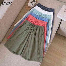 Summer Cotton Line Shorts With High Waist Loose Wide Leg For Women Knee Length Straight Short Female Plus Size 3XL 210722
