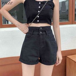 Summer Women Wide Leg High Waist Black Denim Shorts Casual Female Loose Double Button Streetwear Blue Jeans 210430