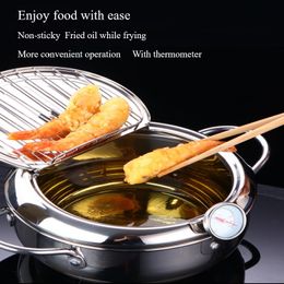 Japanese Deep Frying Pot With A Thermometer And A Lid 304 Stainless Steel Kitchen Tempura Frypot Induction Cooker Fryer Pan 210319