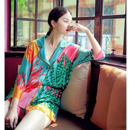 Summer Women Pyjama Set Hand Drawn Art Tropical Plants Pyjama Silk Like Nightwear Shorts Home Wear Clothes Sleepwear 210830