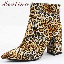 Women Ankle Boots Shoes Autumn Leopard Square Heels Short Zipper Extreme High Ladies Large Size 35-43 210517