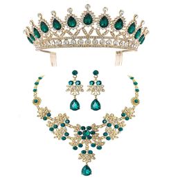 Crystal Green Red Wedding Bridal Sets Tiaras Crown Bride Women Pageant Prom Jewelry Set Earrings Necklace Hair Ornaments