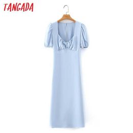 Tangada Summer Women Blue French Style Dress Backless Puff Short Sleeve Ladies Midi Dress Vestidos 2M131 210609
