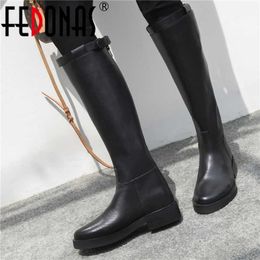Winter Metal Buckle Shoes For Women Genuine Leather Low Heels Knee High Boots Wide Leg Party Long 210528