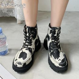 Boots Cow Women Motorcycle Punk Black Spots Pattern Female Casual Shoes Autumn Platform Lace Up Round Toe Ladies Ankle