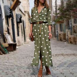 long sleeve polka dot women summer casual T shirt dress loose office maxi autumn black large size 210427