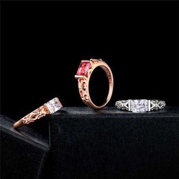Wedding Rings Fashion Princess Cut White Silver Plated Red Color Ring Engagement Jewelry