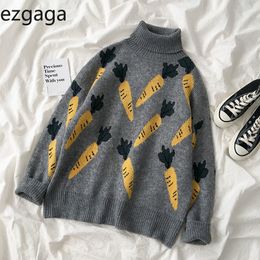 Ezgaga Jacquard Carrot Sweater Women Autumn New Fashion Korean Turtleneck Pullover Long Sleeve Loose Warm Top Female 210430